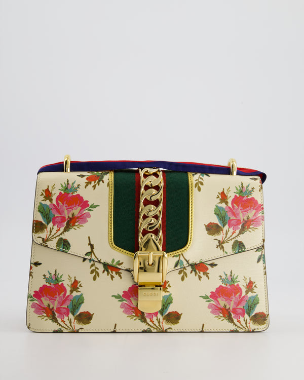 Gucci Cream and Pink Floral Leather Sylvie Bag with Green Stripe and Gold Chain Hardware