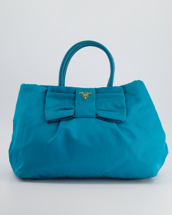 Prada Blue Nylon Small Top Handle Tote Bag With Bow and Logo Detail and Gold Hardware