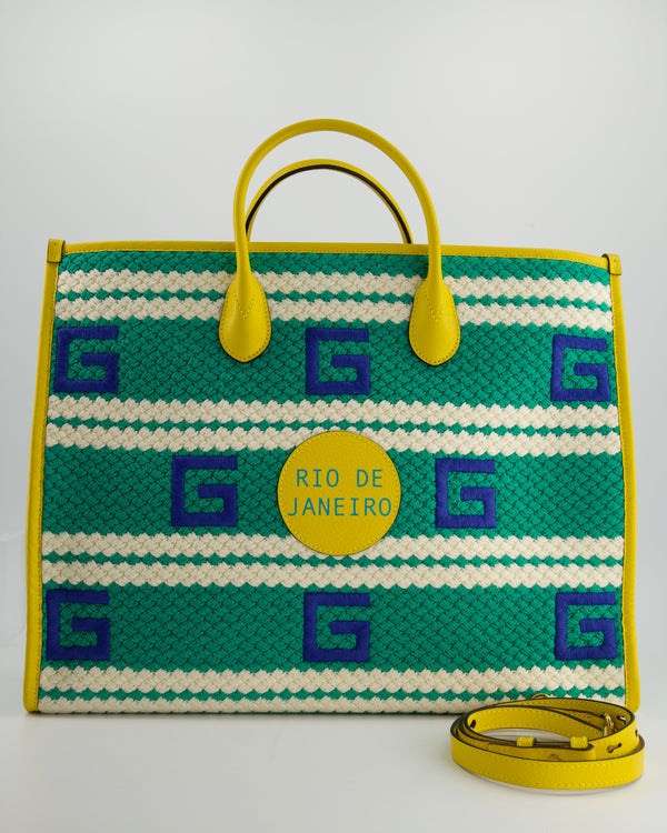 Gucci Green Yellow and Cream Rio De Janeiro Jacquard Weave Large Tote Bag with Stripe and G Print
