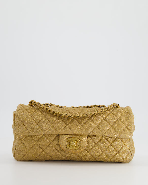 Chanel Gold East West Single Flap Bag in Crackled Calfskin Leather with Brushed Gold Hardware