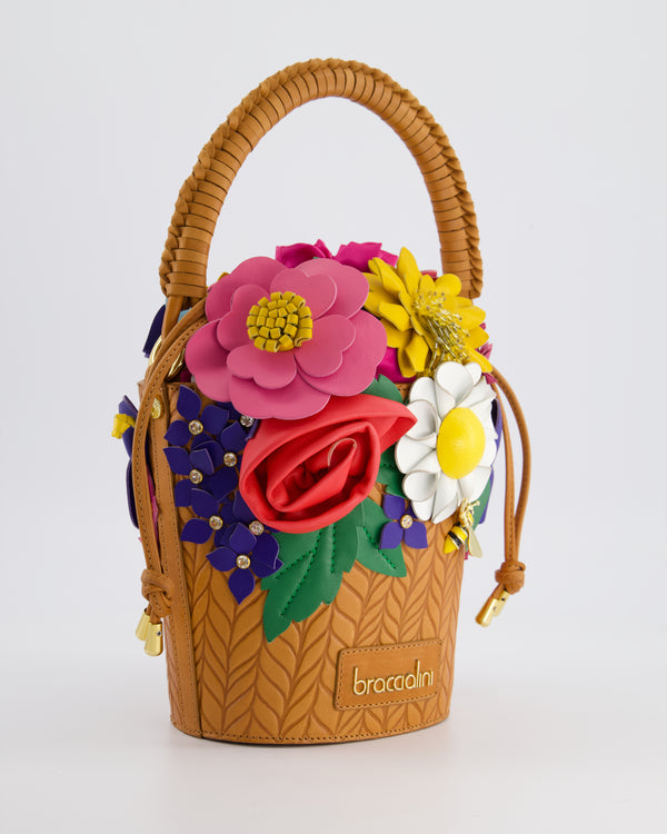 Braccialini Brown Floral Embellished Bucket Bag with Weaved Handle Detail