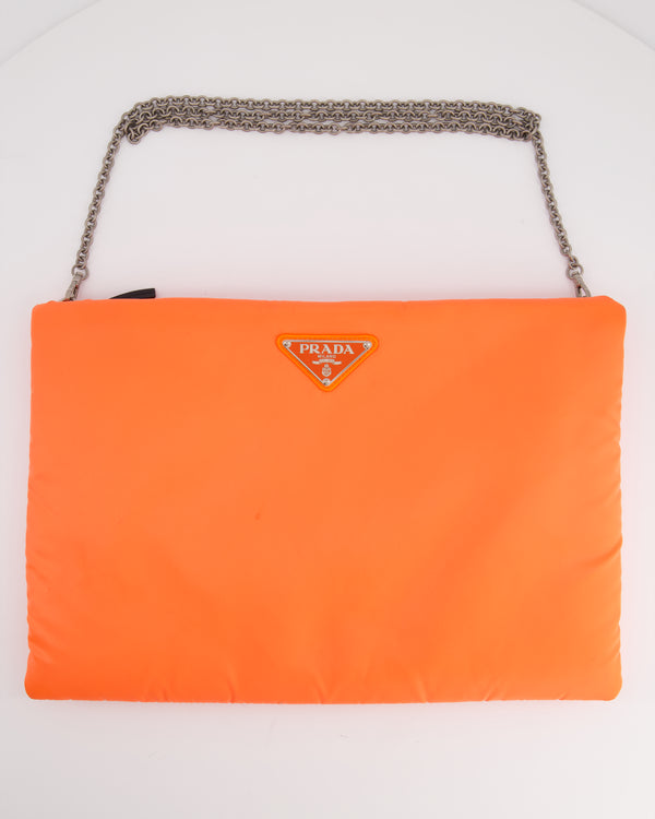 Prada Fluorescent Orange Oversized Nylon Bag with Chain Strap Detail
