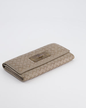 Bottega Veneta Taupe Intrecciato Wallet with Snakeskin Buckle Detail