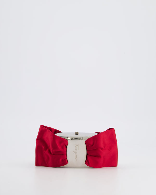 Salvatore Ferragamo Silver and Red Satin Bow Mini Clutch