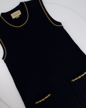 Gucci Navy Knitted Mini Dress with Gold Chain Pocket Details Size IT S (UK 8)