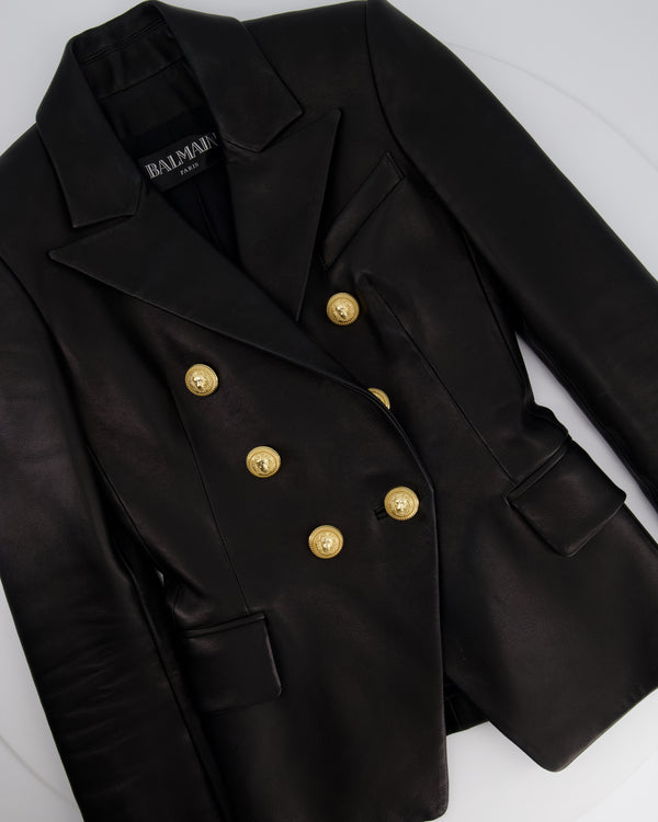 Balmain Black Leather Double Breasted Blazer Jacket with Gold Button Details Size FR 34 (UK 6) RRP £3,195