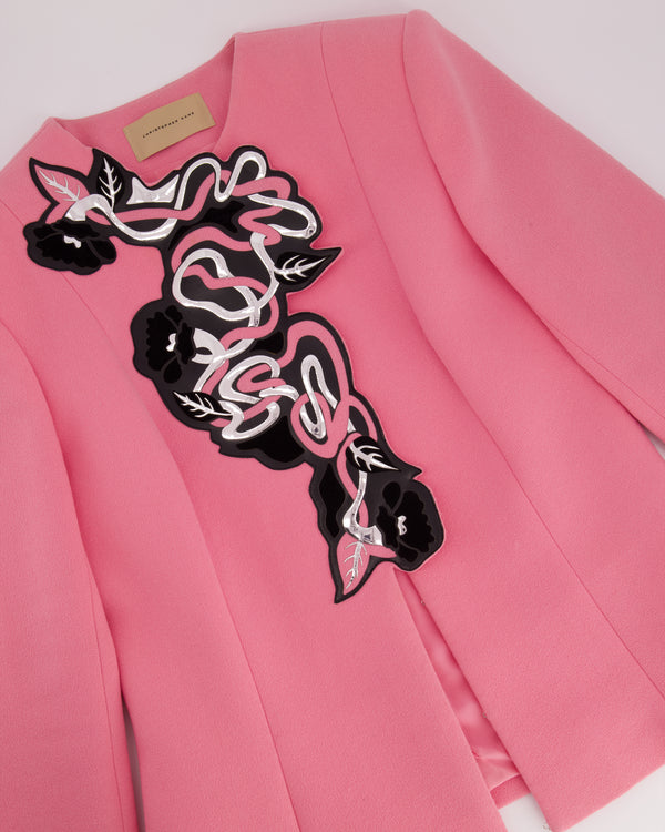 Christopher Kane Pink Jacket and Skirt Set with Silver and Black Floral Design Details  Size UK 8 & UK 12