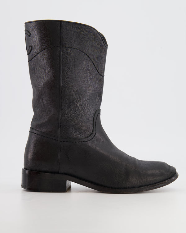 Chanel Black Leather Mid-Calf Boots with CC Logo Detail Size 36.5
