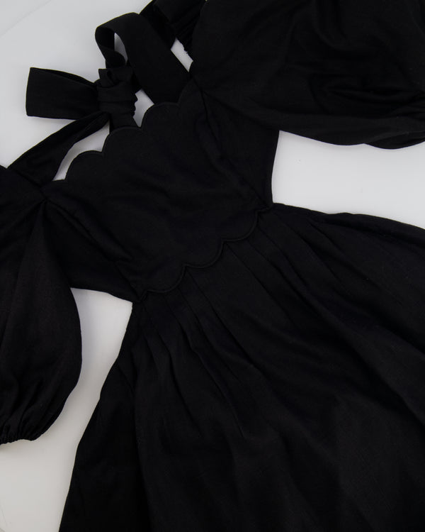 Zimmermann Black Linen Mae Scalloped Cut-Out Mini Dress Size 0 (UK 6)