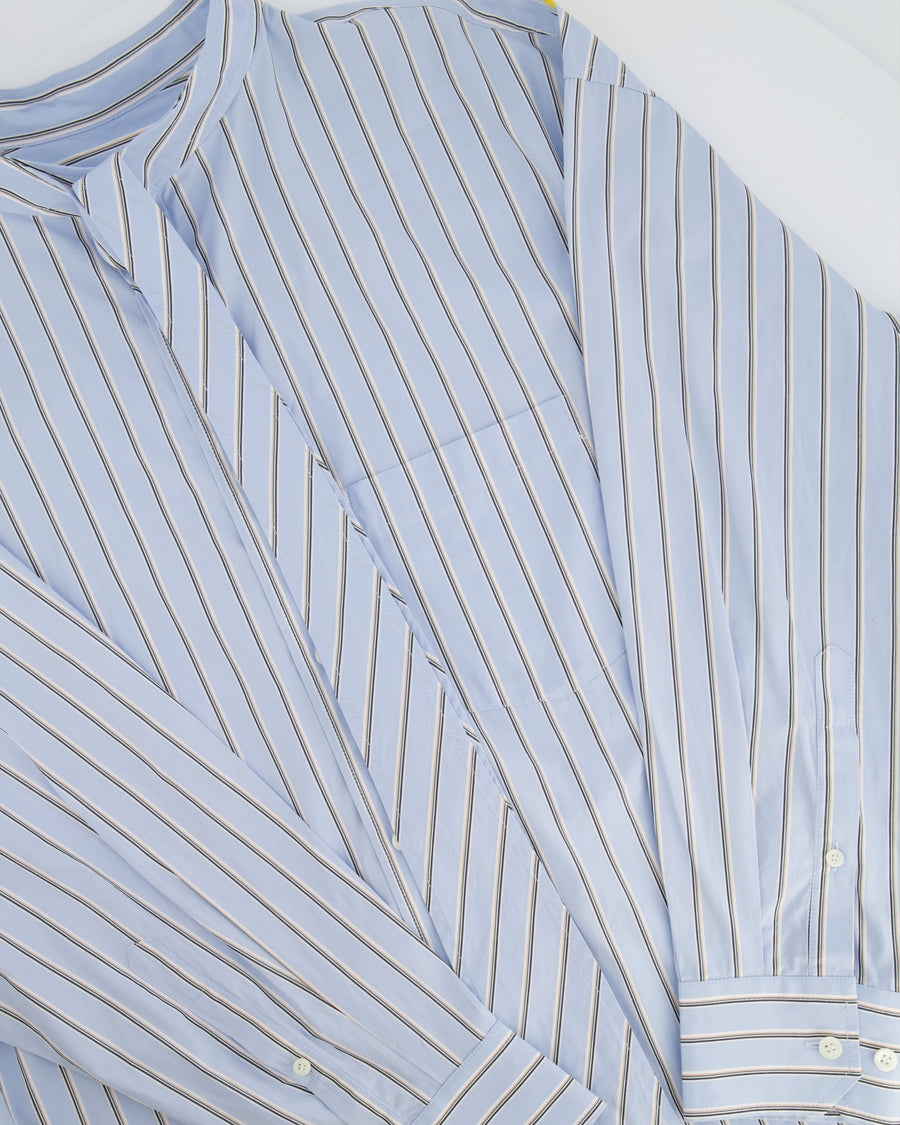 Balenciaga Light Blue Tie-Neck Oversized Shirt with Yellow Logo Detail Size FR 34 (UK 6)