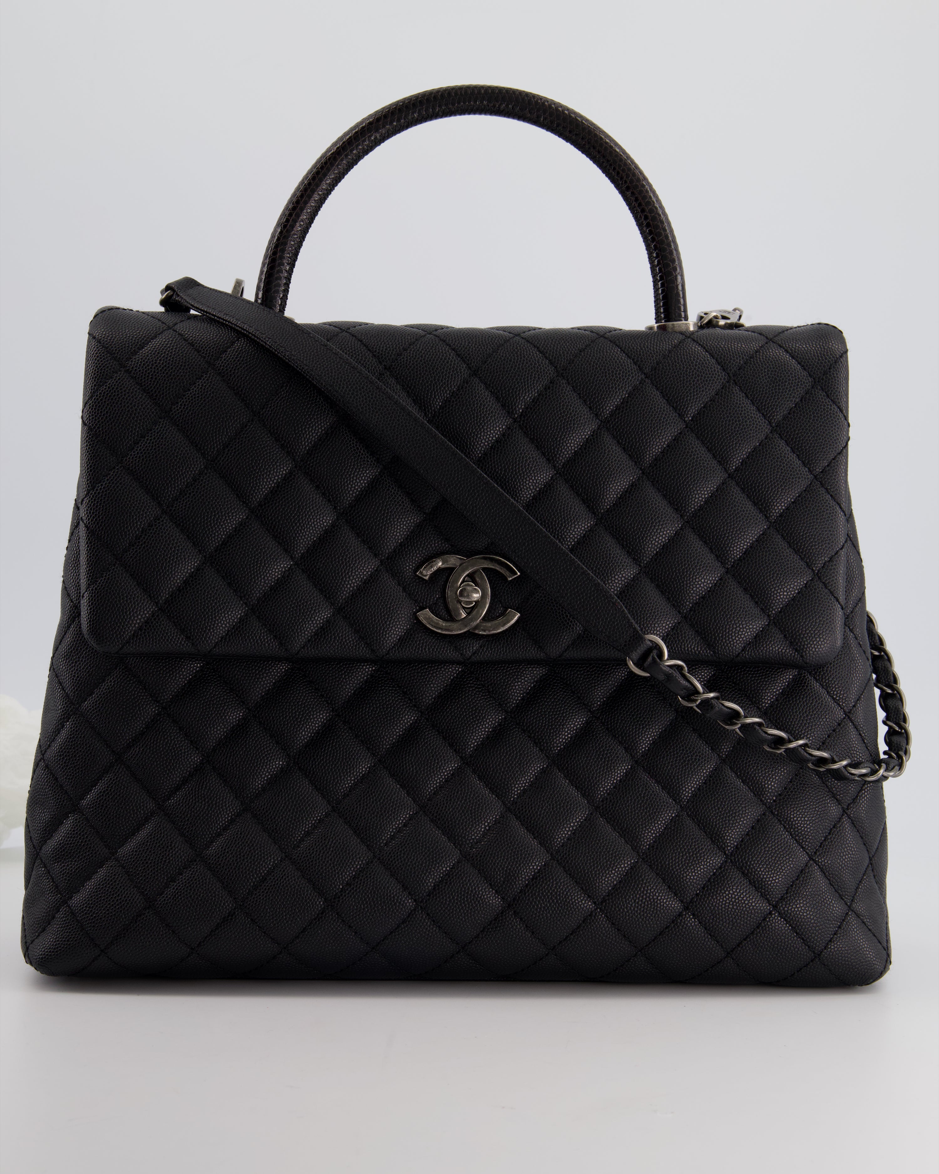 Chanel Large Charcoal Coco Top Handle In Caviar Leather with Black Pyt –  Sellier