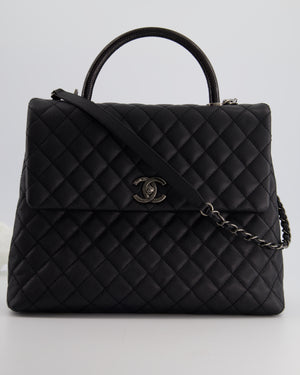Chanel Large Charcoal Coco Top Handle In Caviar Leather with Black