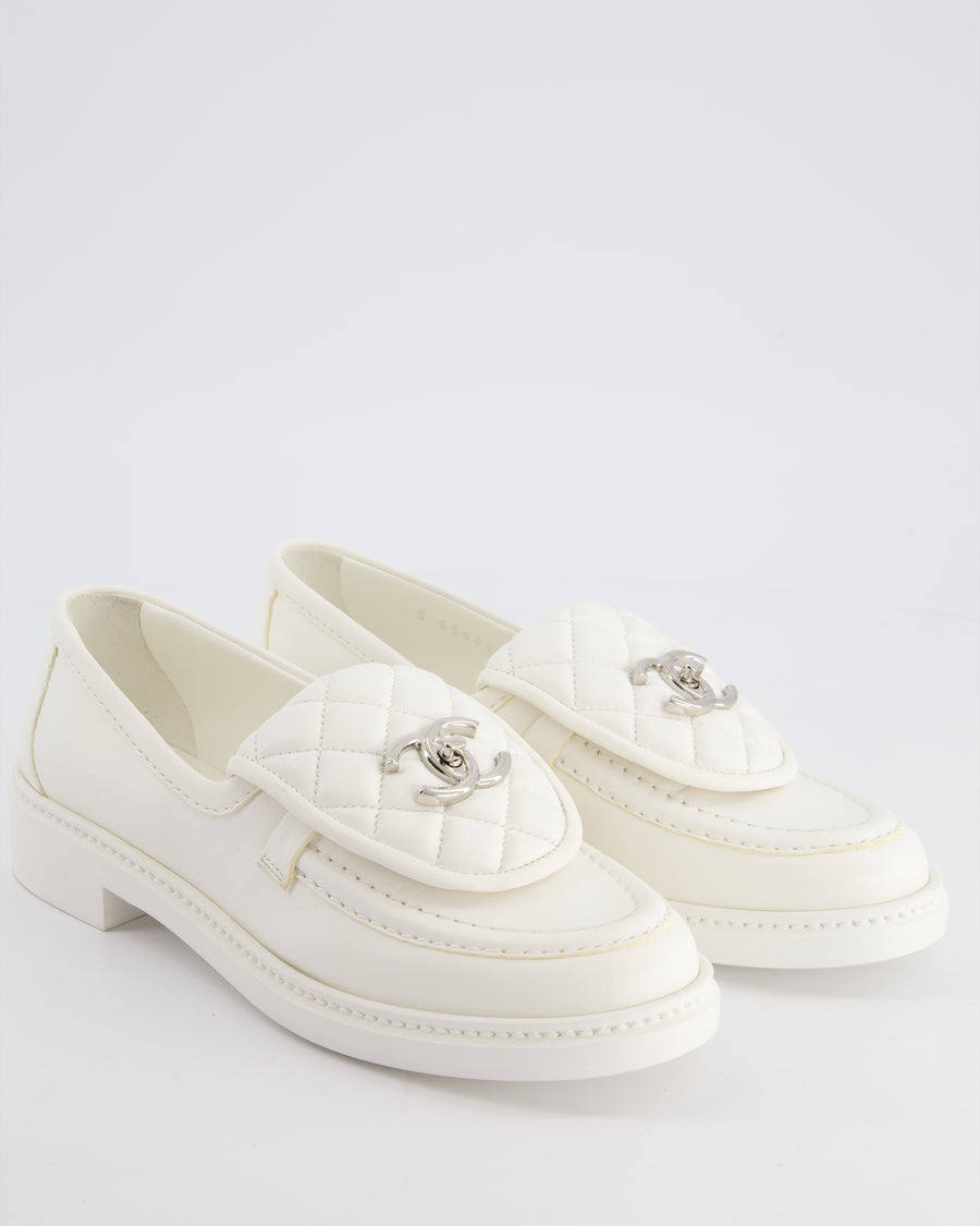 *HOT* Chanel White Quilted Leather Flap Loafers with Silver CC Logo Size EU 36.5