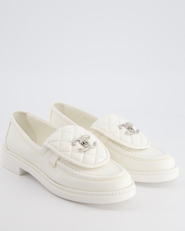 *HOT* Chanel White Quilted Leather Flap Loafers with Silver CC Logo Size EU 36.5