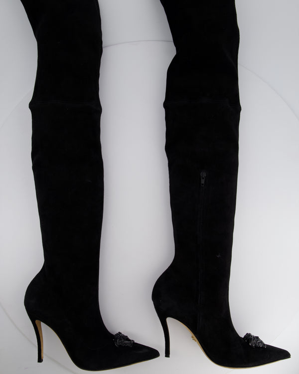 Versace Black Suede Knee High Boots with Medusa Toe Detail Size EU 40