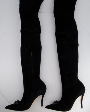 Versace Black Suede Knee High Boots with Medusa Toe Detail Size EU 40