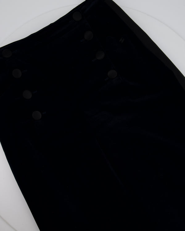 Chanel Navy Velvet Wide Leg Trousers with Black Satin Band and CC Logo Details FR 44 (UK 16)