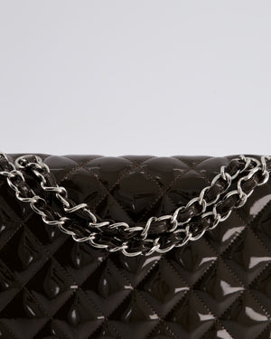 Chanel Dark Brown Classic Jumbo Single Flap Bag in Patent Leather with Silver Hardware