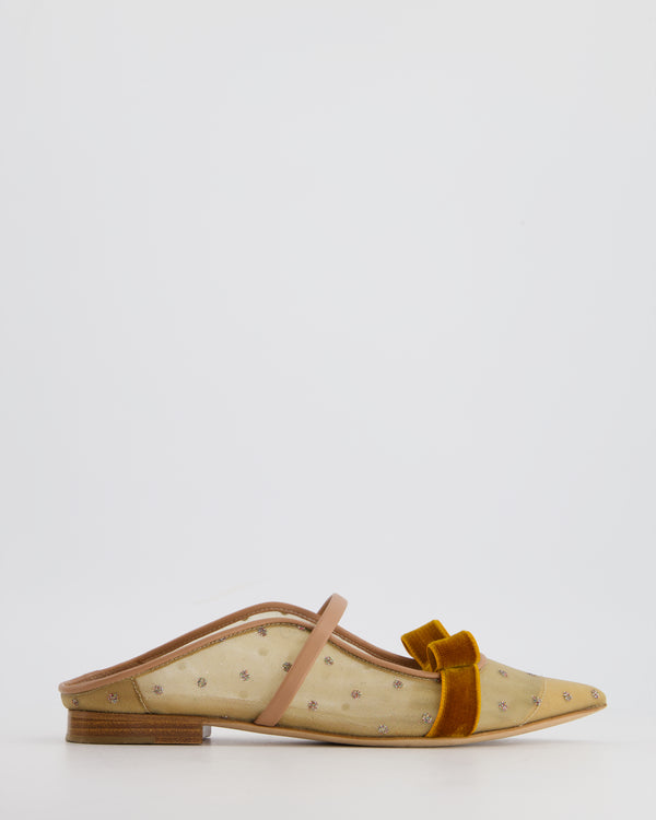 Malone Souliers Beige Mesh Pointed Toe Mules with Velvet Bow and Glitter Polka Dots Size EU 35