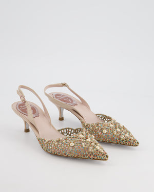 Rene Caovilla Baby Pink and Multi-Colour Lace Pointed Toe Heels with Diamanté and Pearl Detail Size EU 35