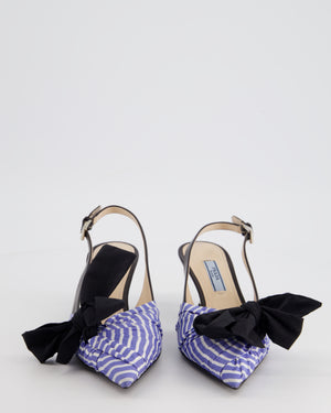 Prada Black, Blue and White Stripe Leather Slingback Heels with Fabric Toe and Bow Detail Size EU 34.5
