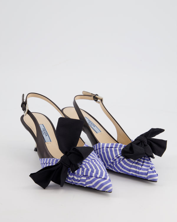 Prada Black, Blue and White Stripe Leather Slingback Heels with Fabric Toe and Bow Detail Size EU 34.5