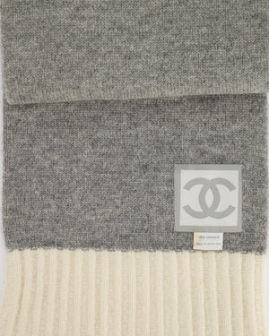 Chanel Cream and Grey Cashmere Hat and Scarf Set with CC Logo Detail