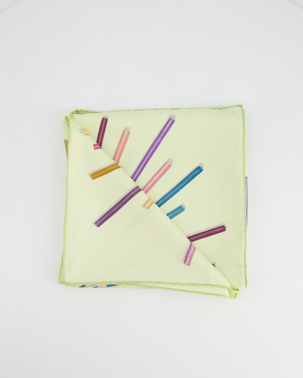 Hermes Lime Green Silk Scarf with Multicolour Crayons & Crayon Shavings Detail