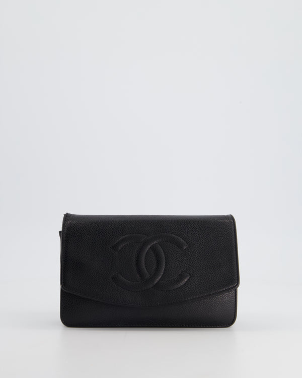 Chanel Black Caviar Leather Wallet on Chain with Stiched Logo and Silver Hardware