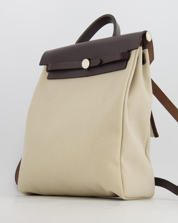 Hermès Herbag Backpack Bag in Beige Canvas and Brown Leather with Palladium Hardware