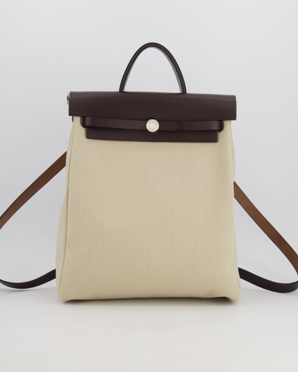 Hermès Herbag Backpack Bag in Beige Canvas and Brown Leather with Palladium Hardware
