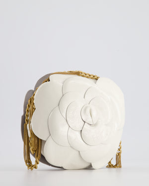 Chanel 23K White Camelia Evening Round Bag with Gold Hardware and CC Detail