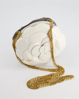 Chanel 23K White Camelia Evening Round Bag with Gold Hardware and CC Detail
