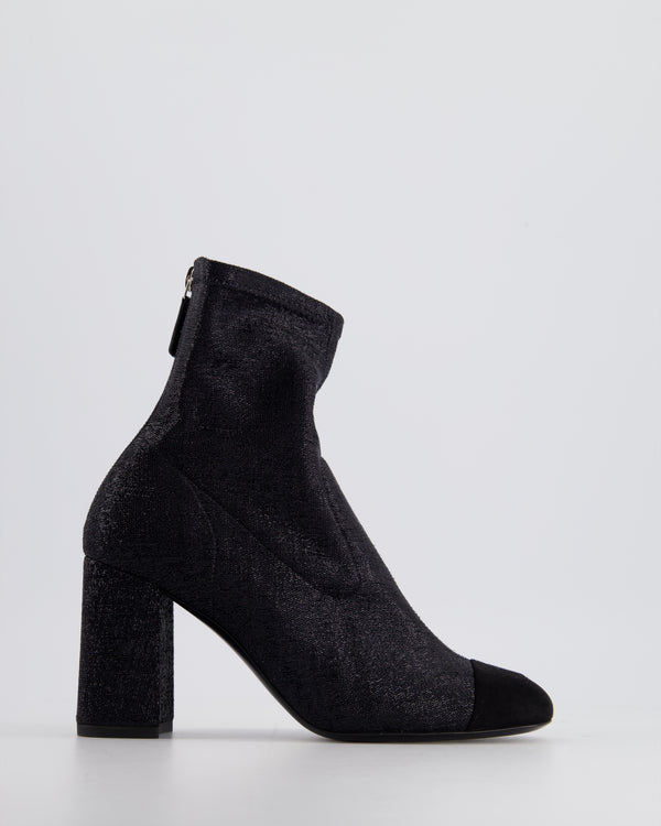 Chanel Black Glitter Fabric Sock Boots with CC Suede Logo Toe Cap Size EU 36.5C