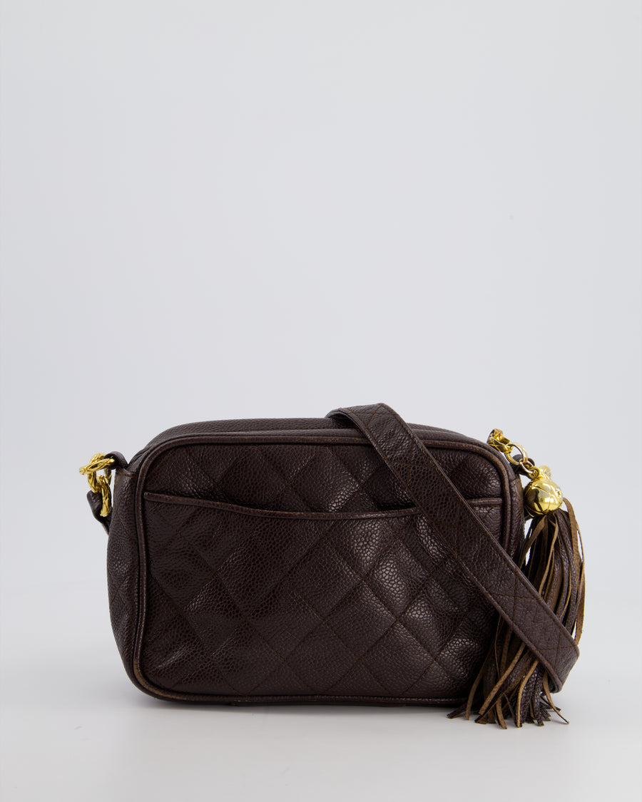 Chanel Vintage Chocolate Brown Small Camera Bag in Caviar Leather with Gold Hardware