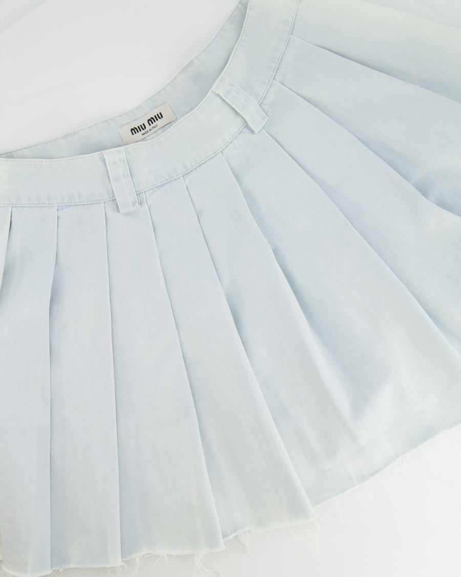 Miu Miu Light Blue Washed Denim Pleated Mini Skirt with Logo Detail Size IT 38 (UK 6) RRP £1,000