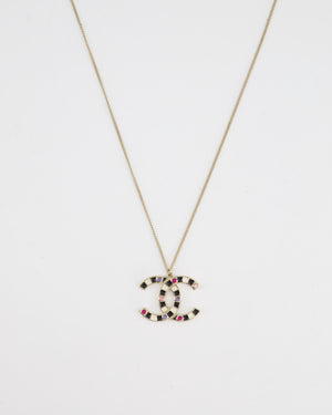 *FIRE PRICE* Chanel Champagne Gold CC Pendant Necklace with Multicolour Stones Detail