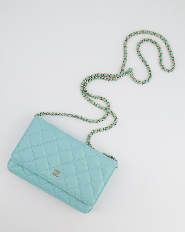 *HOT* Chanel Tiffany Blue Wallet on Chain Bag in Caviar with Champagne Gold Hardware