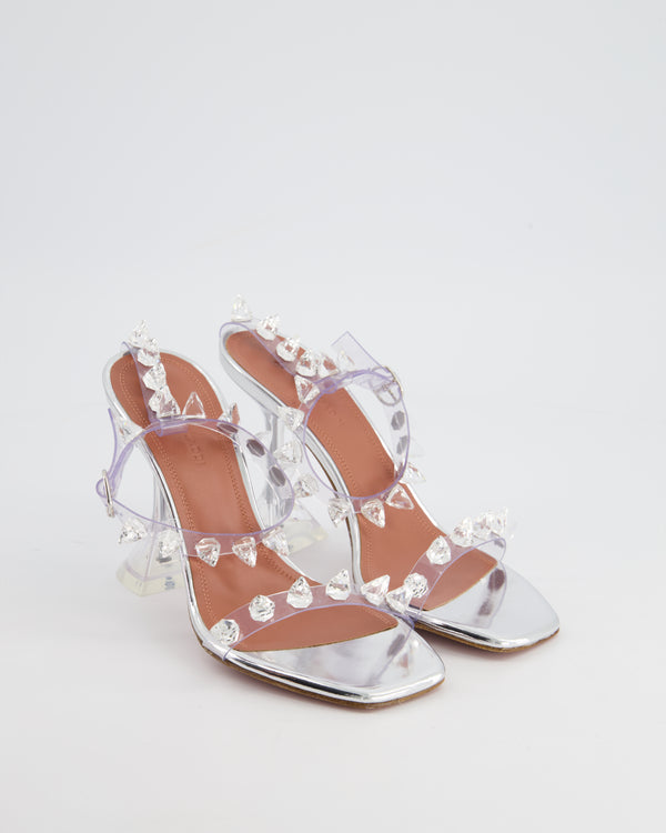 *CUTE* Amina Muaddi Transparent Silver Julia Heeled Sandals with Stones Detail Size EU 35 RRP £1050