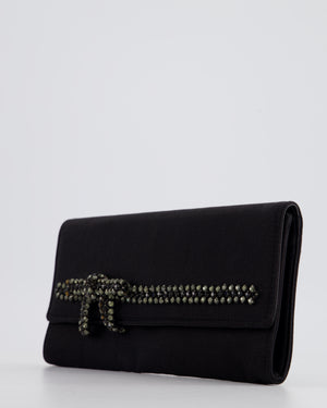 Gucci Black Rectangular Satin Clutch Bag with Embellished Bow Detail