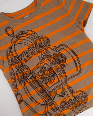 Hermes Orange and Brown Stripe Cotton T-Shirt with Print FR 36 (UK 8)