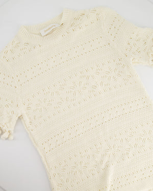 Zimmermann Cream Crochet Short Sleeve Top with Pom Pom Hem Size 1 (UK 10)