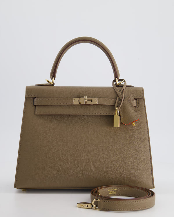 *RARE* Hermès Kelly HSS Sellier 25cm Verso in Etoupe Chevre Mysore Leather with Permabrass Hardware