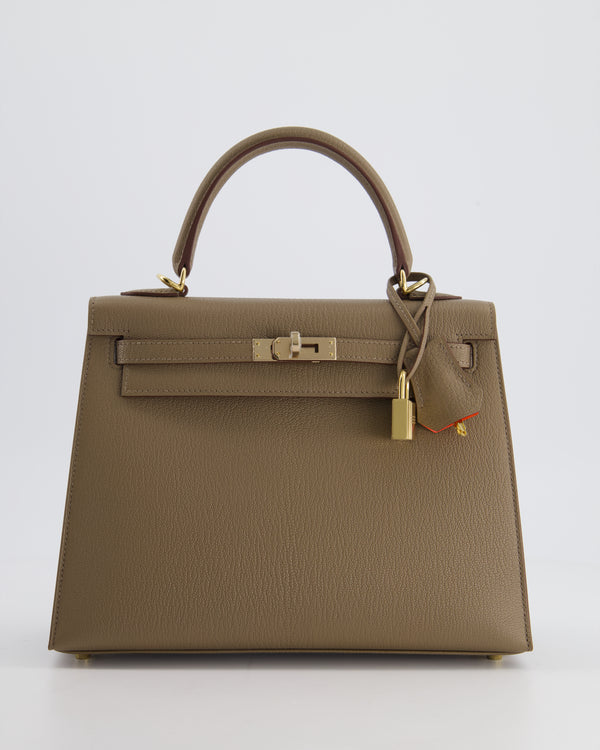 *RARE* Hermès Kelly HSS Sellier 25cm Verso in Etoupe Chevre Mysore Leather with Permabrass Hardware