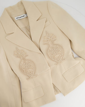 Self-Portrait Beige Single Breasted Belted Blazer with Crochet Embroidered Detail FR 36 (UK 8)