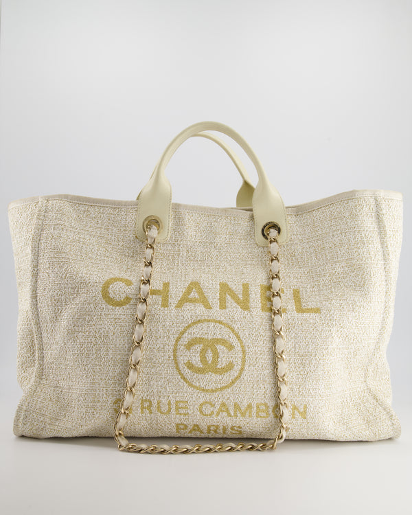 *HOT* Chanel Cream Tweed Large Deauville Tote Bag with Gold Fabric Detail & Champagne Gold Hardware