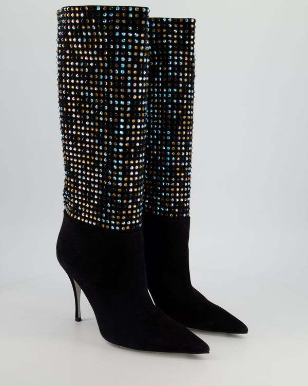 Rene Caovilla Black Suede and Multicolour Crystal Embellished Boots Size EU 40 RRP £1,450