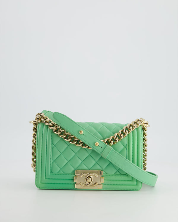 *HOT* Chanel Mint Green Small Boy Bag in Shiny Calfskin Leather with Champagne Gold Hardware