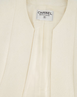 Chanel White Boucle Jacket with Long Sleeves and Silver Logo Buttons on the Sleeves Size FR 36 (UK 8)