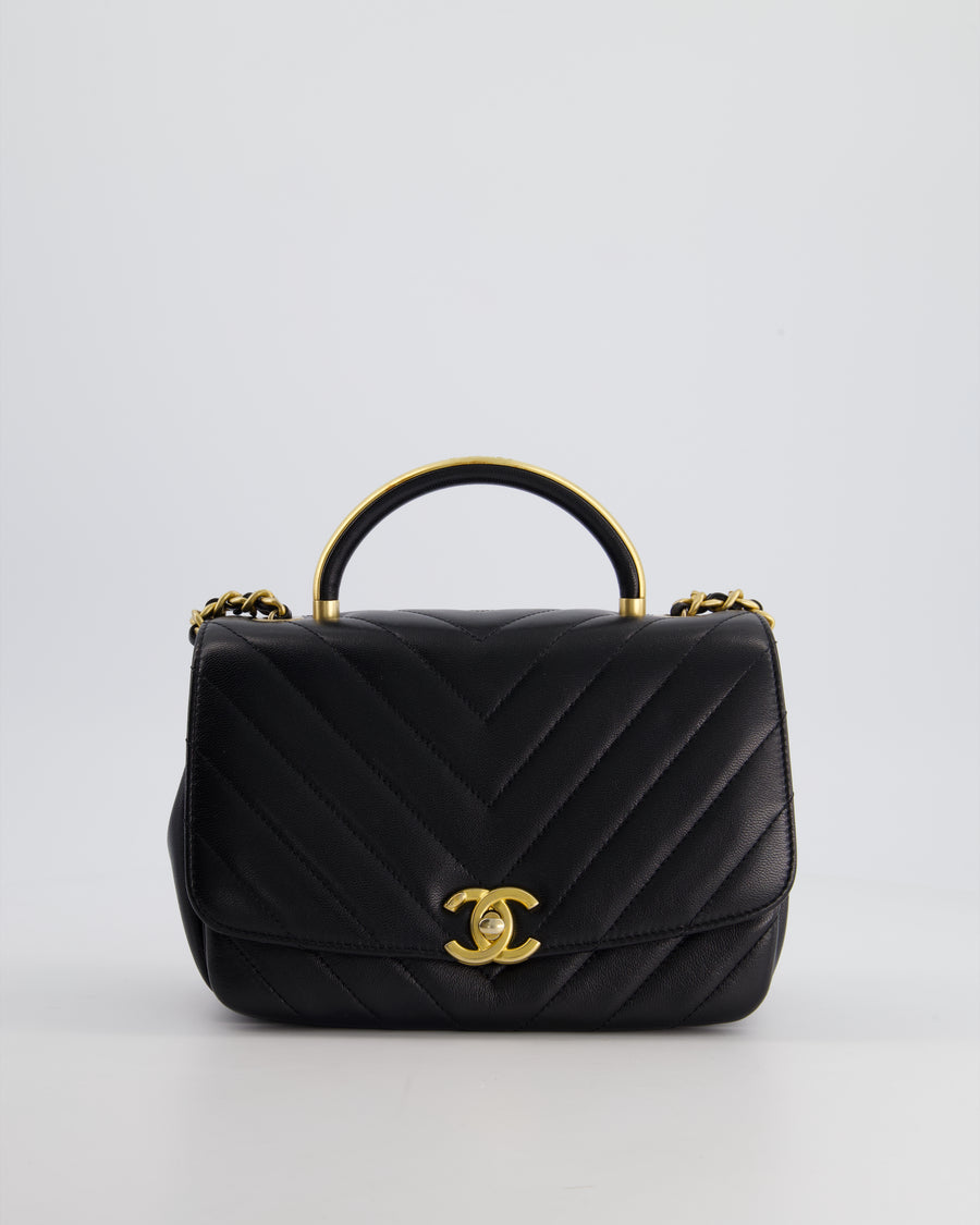 Chanel Black Top Handle Flap Bag in Chevron Lambskin with Antique Gold Hardware